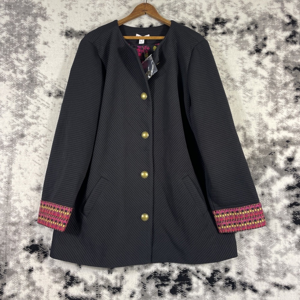 Susan Graver Jacket Womens Size‎ 16 Black Button Up Ribbed Stretch Knit Cuff